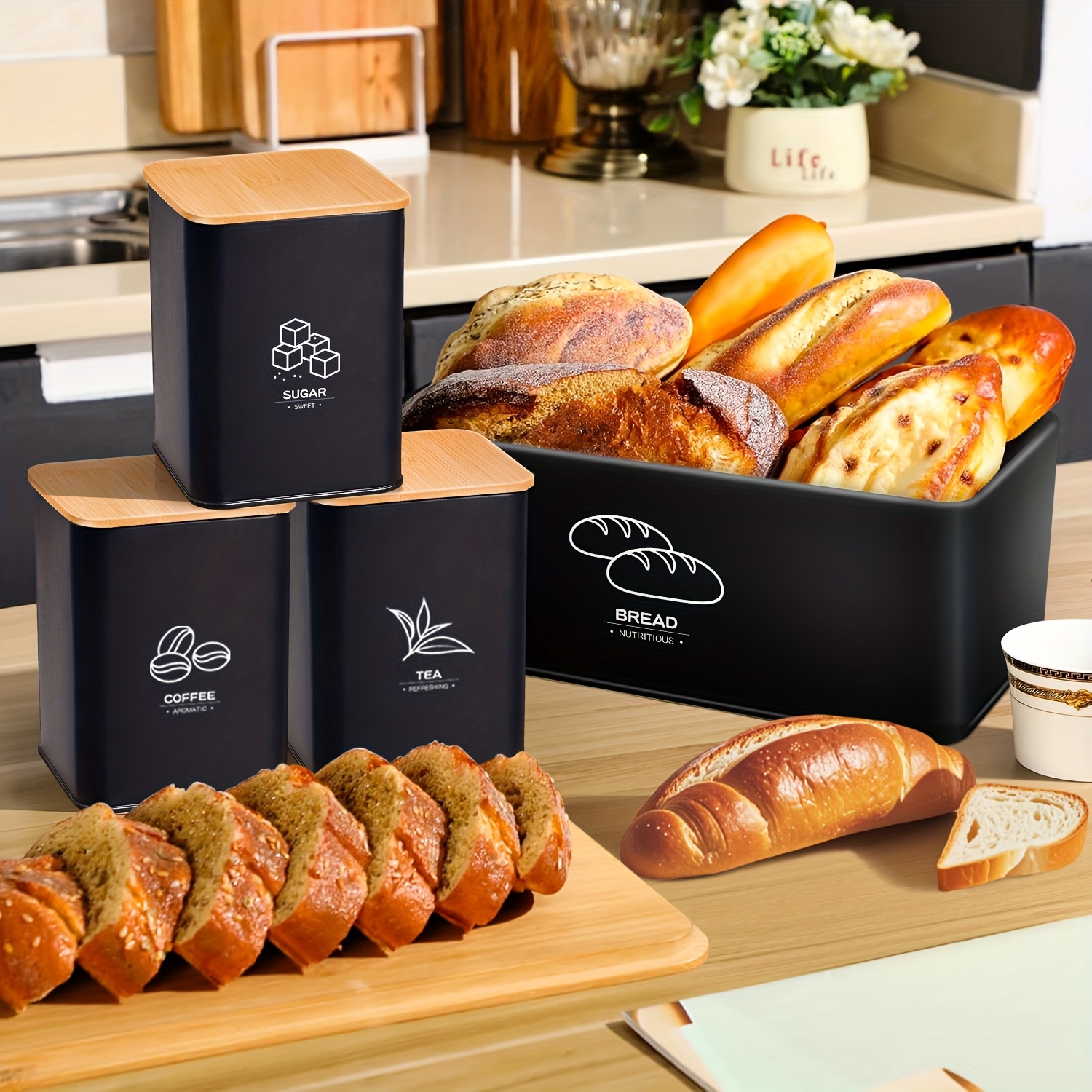 Kitchen Baking Canisters - Metal Bread Box for Kitchen Countertop