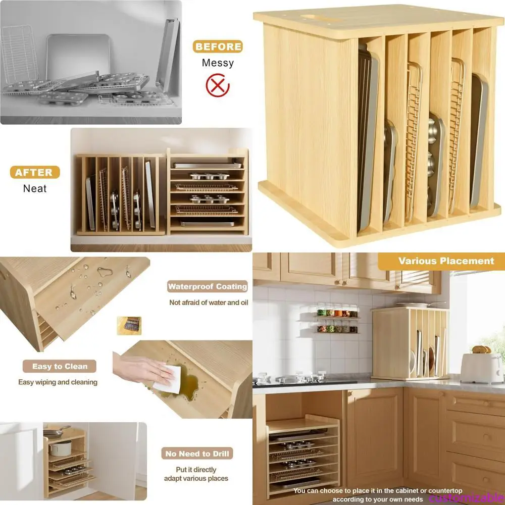 Kitchen Cabinet Baking Organizer - Wooden 7-Tier Cabinet Dividers for Pots,