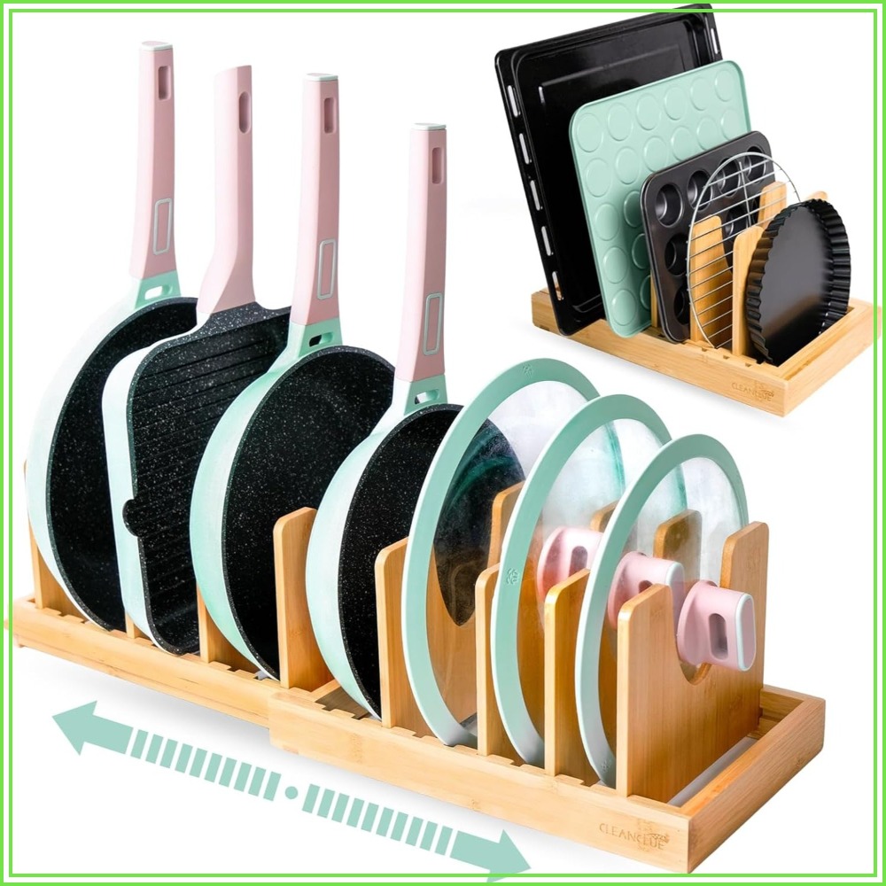 Expandable Bamboo Pots and Pan - Kitchen Cabinet Baking Organizer reseña y precio