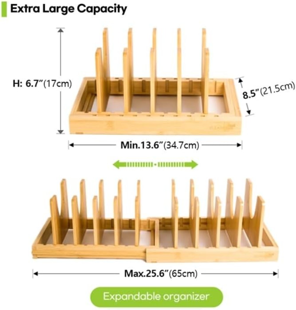 Expandable Bamboo Pots and Pan - Kitchen Cabinet Baking Organizer reseña y precio