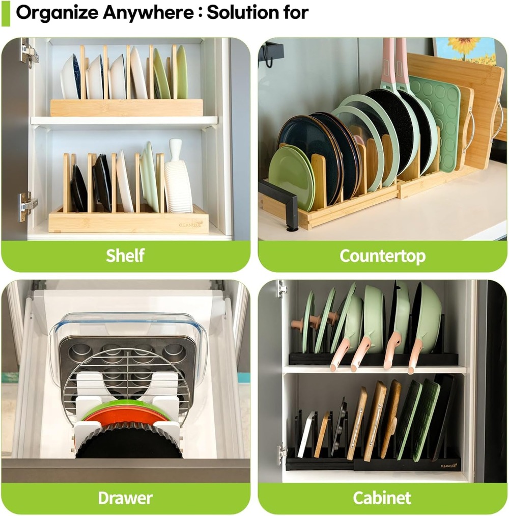 Expandable Bamboo Pots and Pan - Kitchen Cabinet Baking Organizer reseña y precio