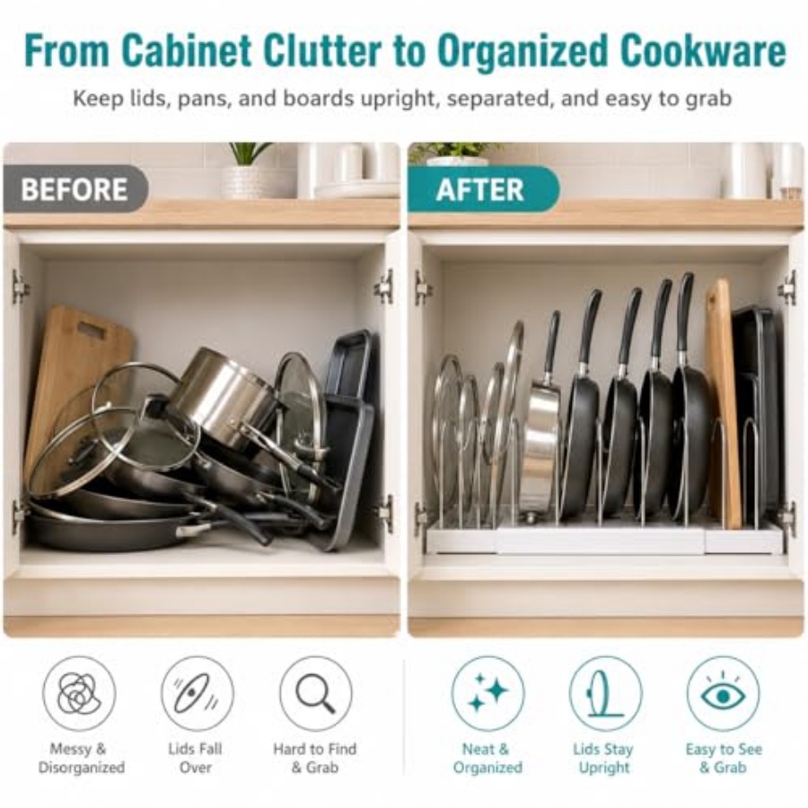 Pot Rack:Expandable Pan Organi - Kitchen Cabinet Baking Organizer reseña y precio