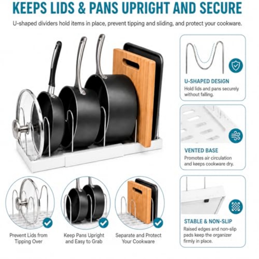 Pot Rack:Expandable Pan Organi - Kitchen Cabinet Baking Organizer reseña y precio
