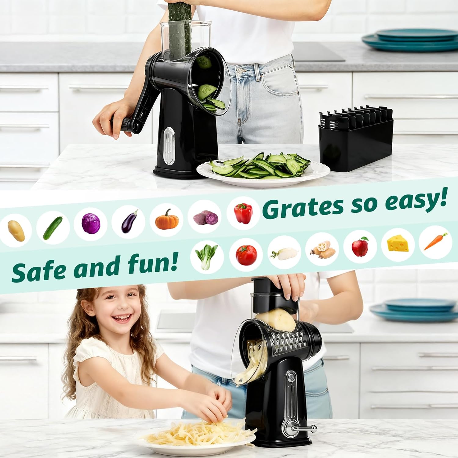 Rotary Cheese Grater with 5 Bl - Kitchen Baking Tray Organizer reseña y precio