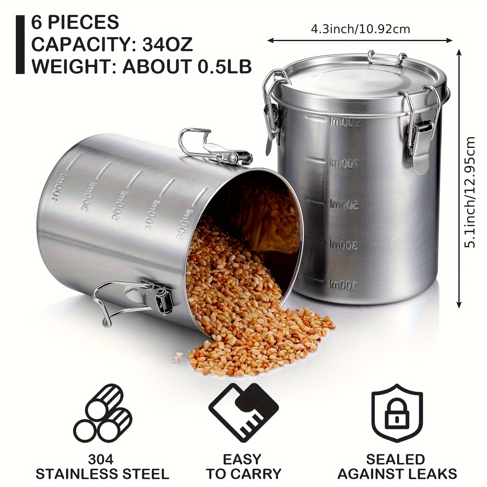 6 Pack 34 Oz Stainless Steel C - Kitchen Baking Canisters reseña y precio